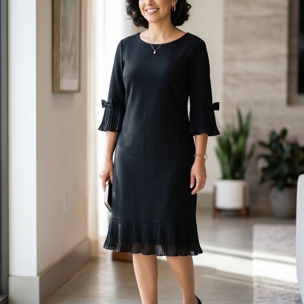 Glamour Black Pleated-Hem Midi Dress with Bow Sleeve Details